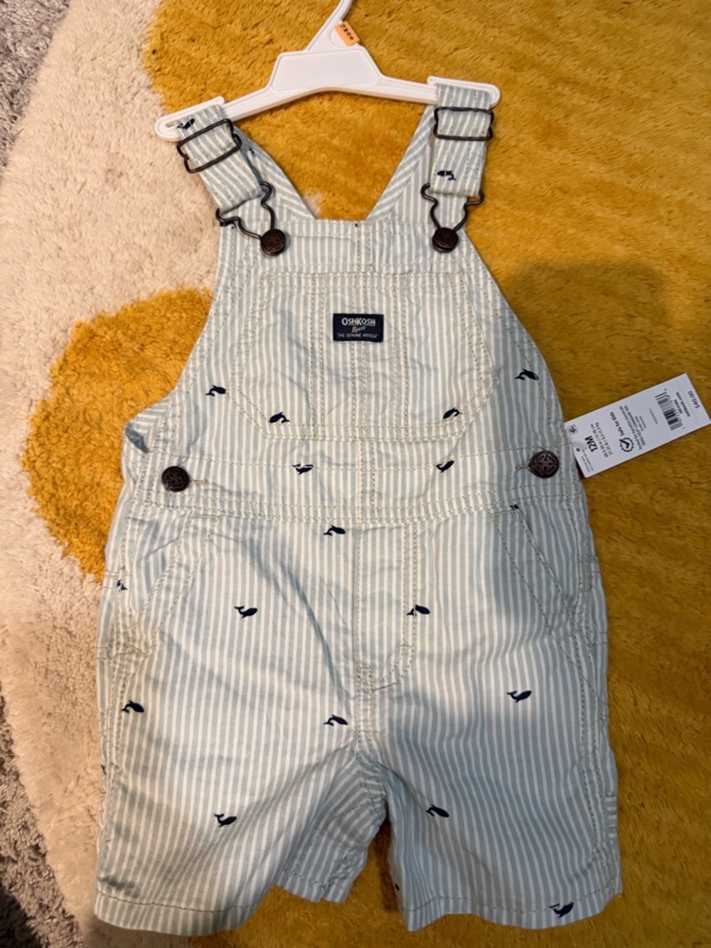 OshKosh B'gosh Mint Green & White Striped Shortalls with Navy Whale Embroidery